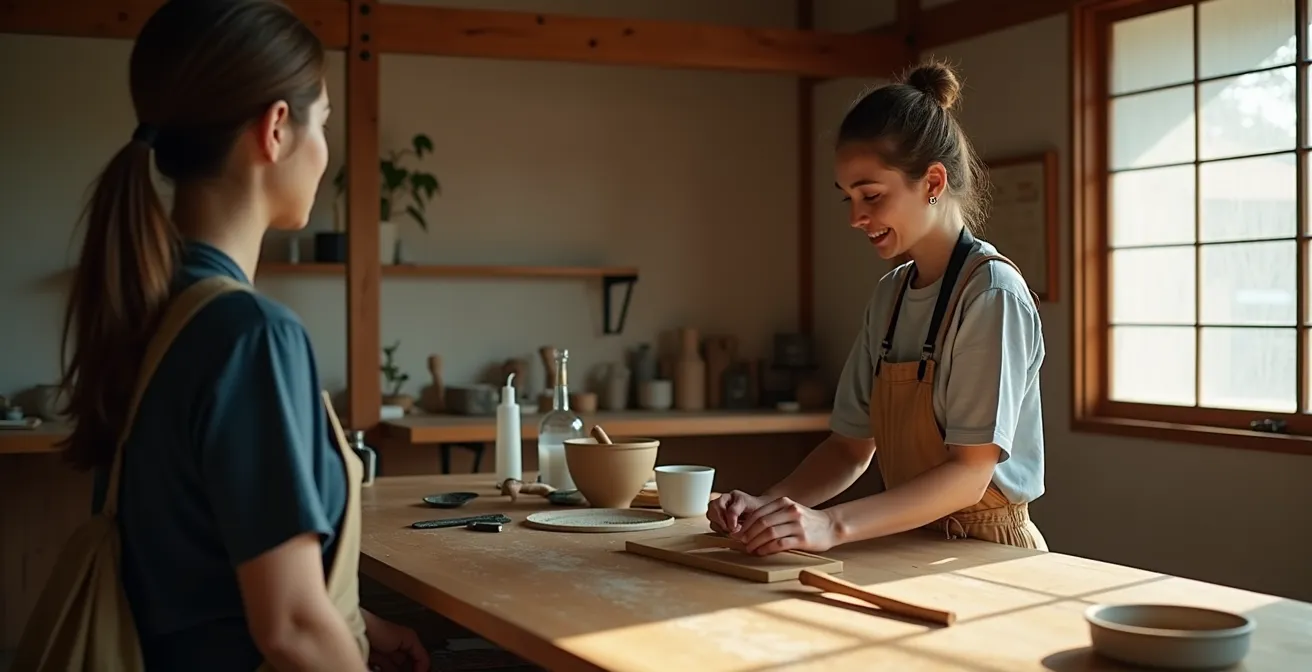 Photo réaliste d’un guide francophone en interaction avec un artisan local dans un atelier traditionnel japonais avec lumière naturelle.