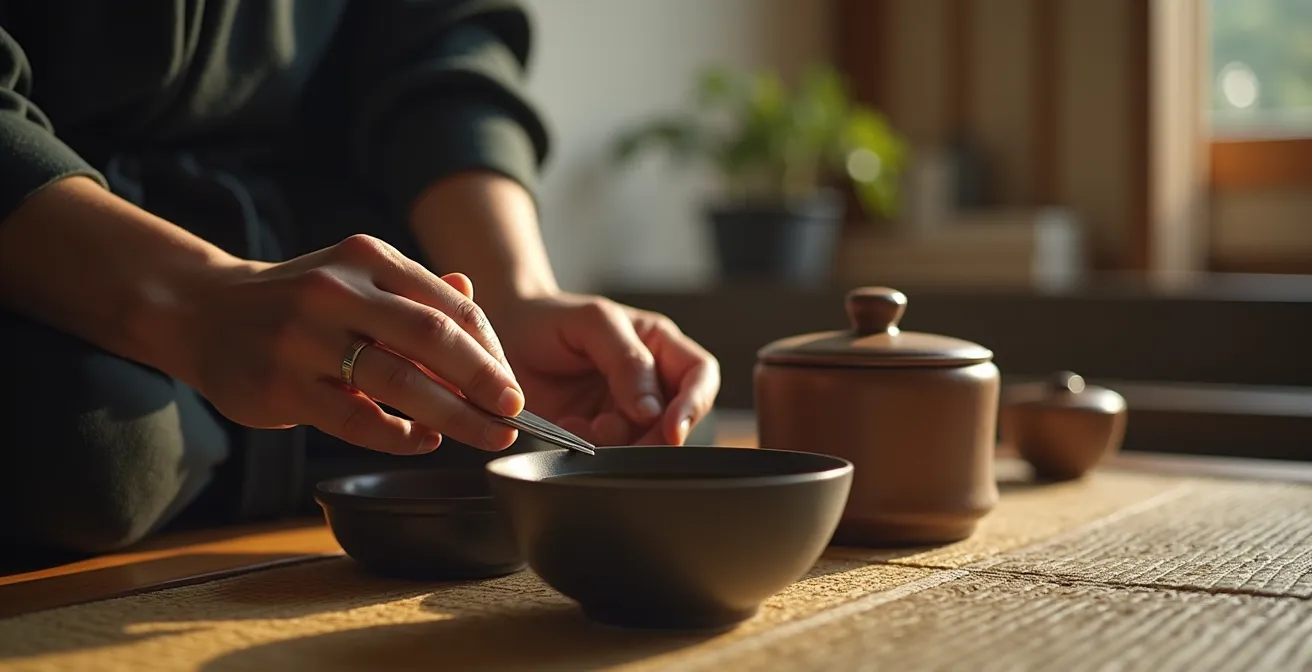 Photo réaliste d’un petit groupe dans une pièce traditionnelle japonaise lors d’une cérémonie du thé, lumière douce et atmosphère intimiste.