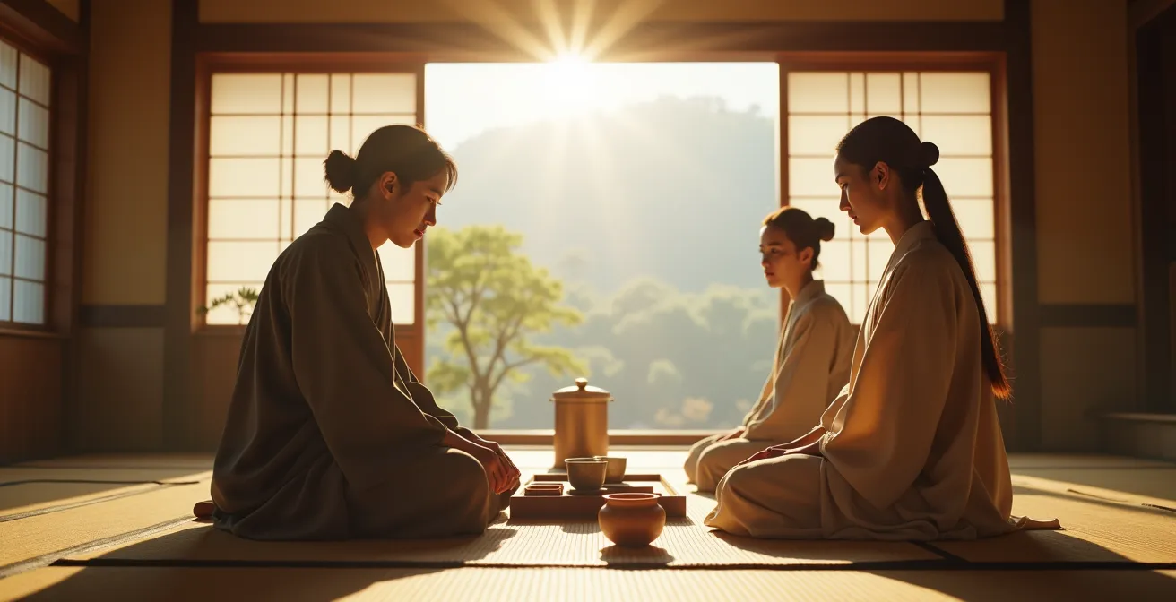 Photo réaliste d'un petit groupe participant à une cérémonie traditionnelle japonaise en intérieur, lumière douce, bokeh naturel.