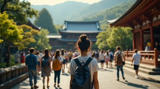 Photo réaliste montrant un petit groupe de voyageurs explorant un temple japonais traditionnel, avec une composition propre, éclairage cinématographique, textures fines et bokeh naturel.