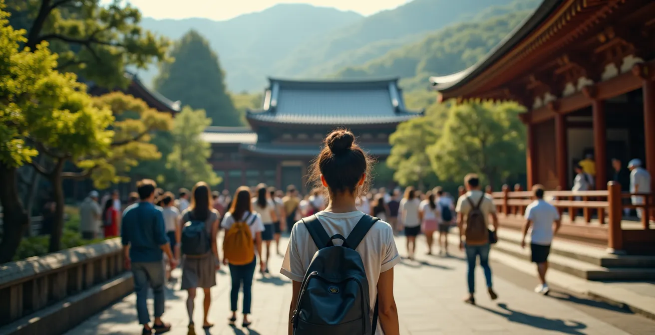 Photo réaliste montrant un petit groupe de voyageurs explorant un temple japonais traditionnel, avec une composition propre, éclairage cinématographique, textures fines et bokeh naturel.